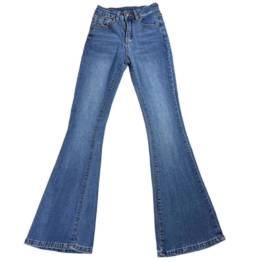Shasa Womens Flare Jeans Medium Wash Y2K 90s Retro Stretch Denim Pants